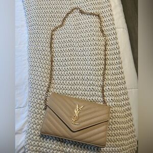 Designer Inspired tan quilted envelope chain purse